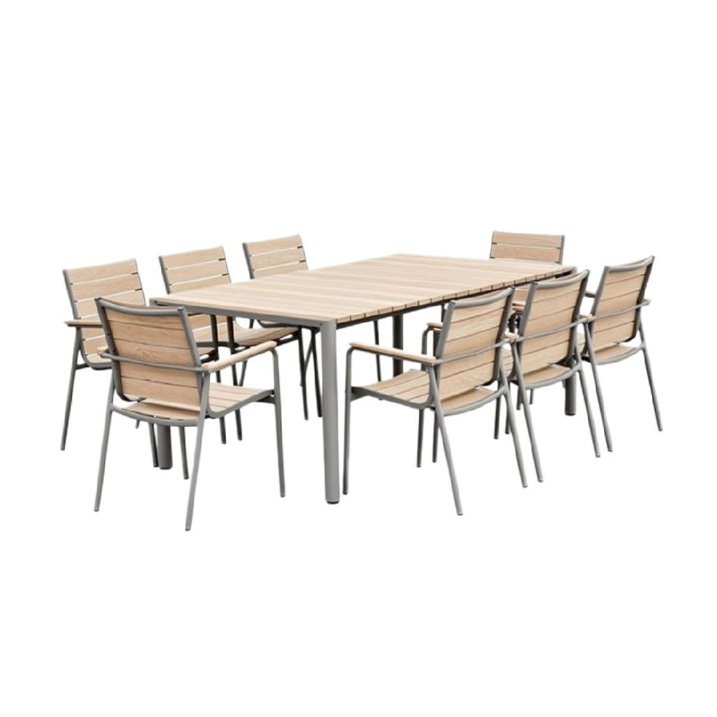 Tuinset met houten tafel en aluminium stoelen voor 8 personen
