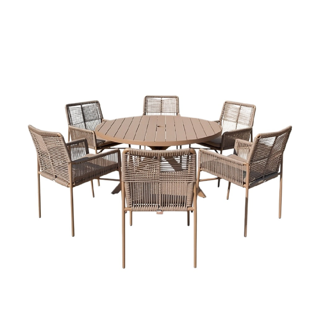 Moderne ronde tuintafel met zes stoelen van wicker