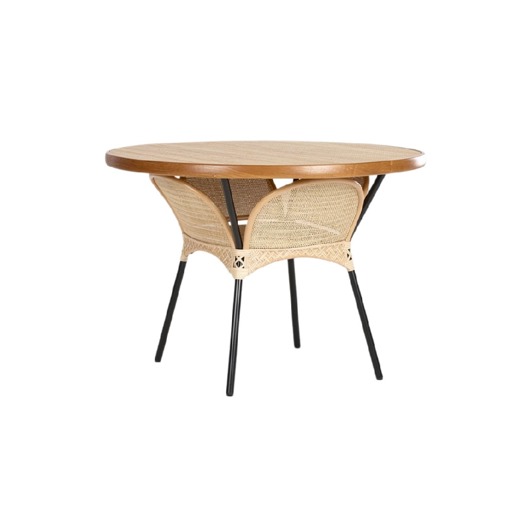 Ronde Rattan Eettafel met Houten Blad en Zwarte Poten