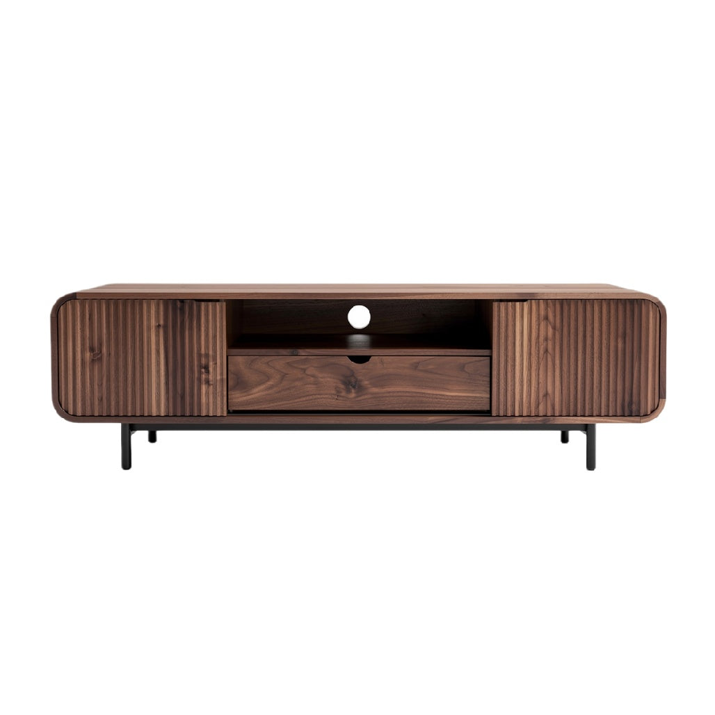 **Titel: Moderne houten TV-kast met lades en open vakken**